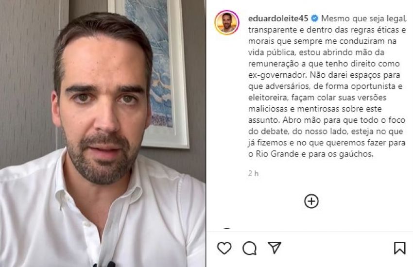 Em vídeo, Eduardo Leite afirma que irá abrir mão de pensão paga a ex-governadores 