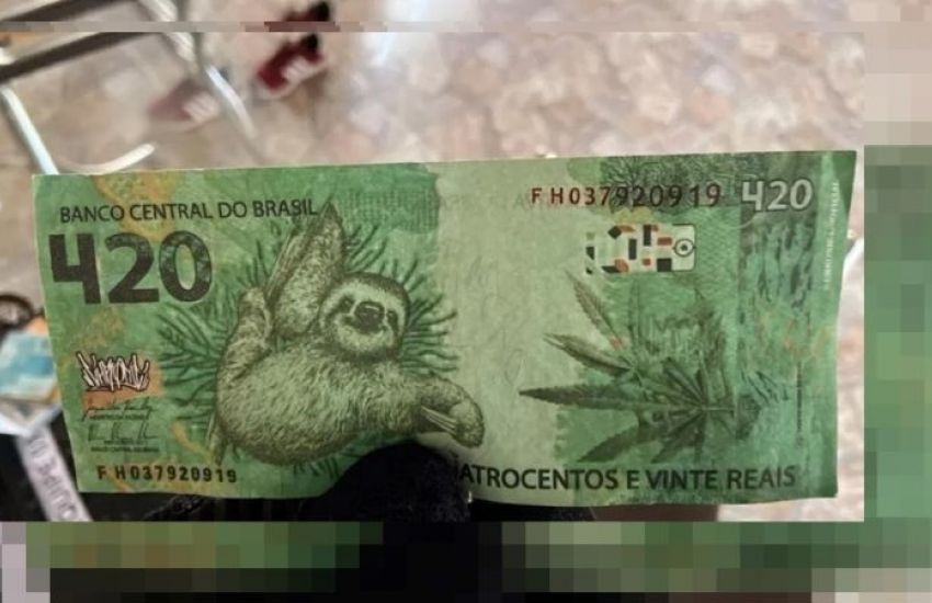 Cédula de R$ 420 com estampa de bicho-preguiça e maconha é apreendida 